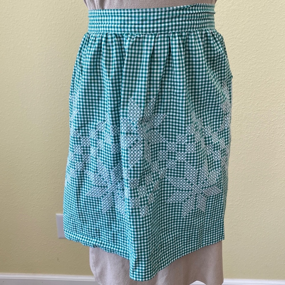 Vintage Embroidered Half Apron - Green Gingham